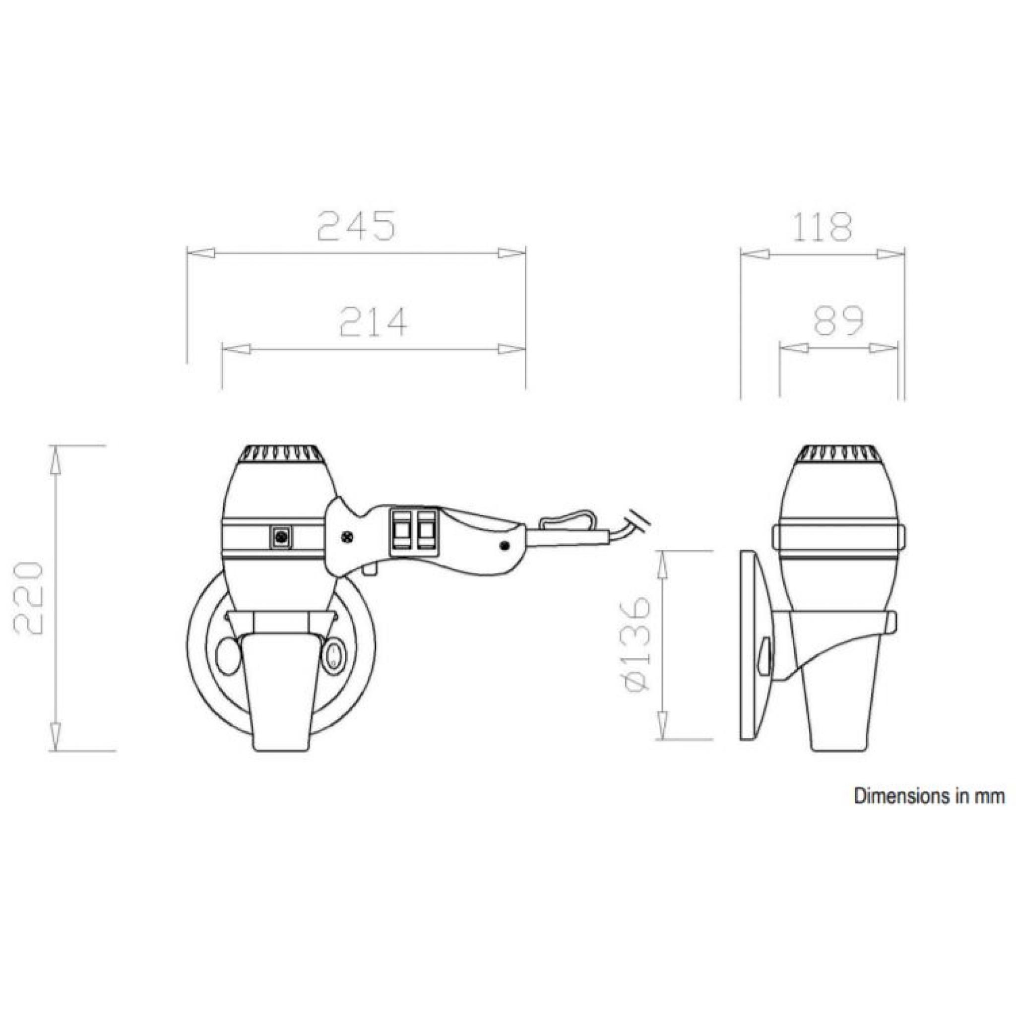 Hotel Line hair dryer in silver & black with wall bracket