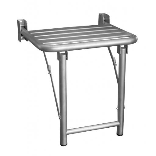 Folding shower seat with legs in stainless steel and a polished finish
