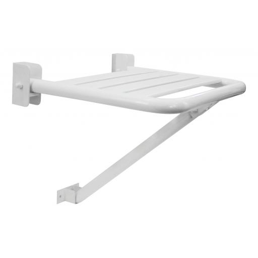 Folding shower seat in stainless steel with a painted white finish