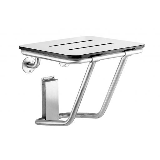 Folding shower seat with phenolic board seat and stainless steel support