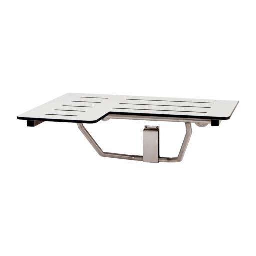 Folding shower seat L-shaped with a phenolic seat and stainless steel frame
