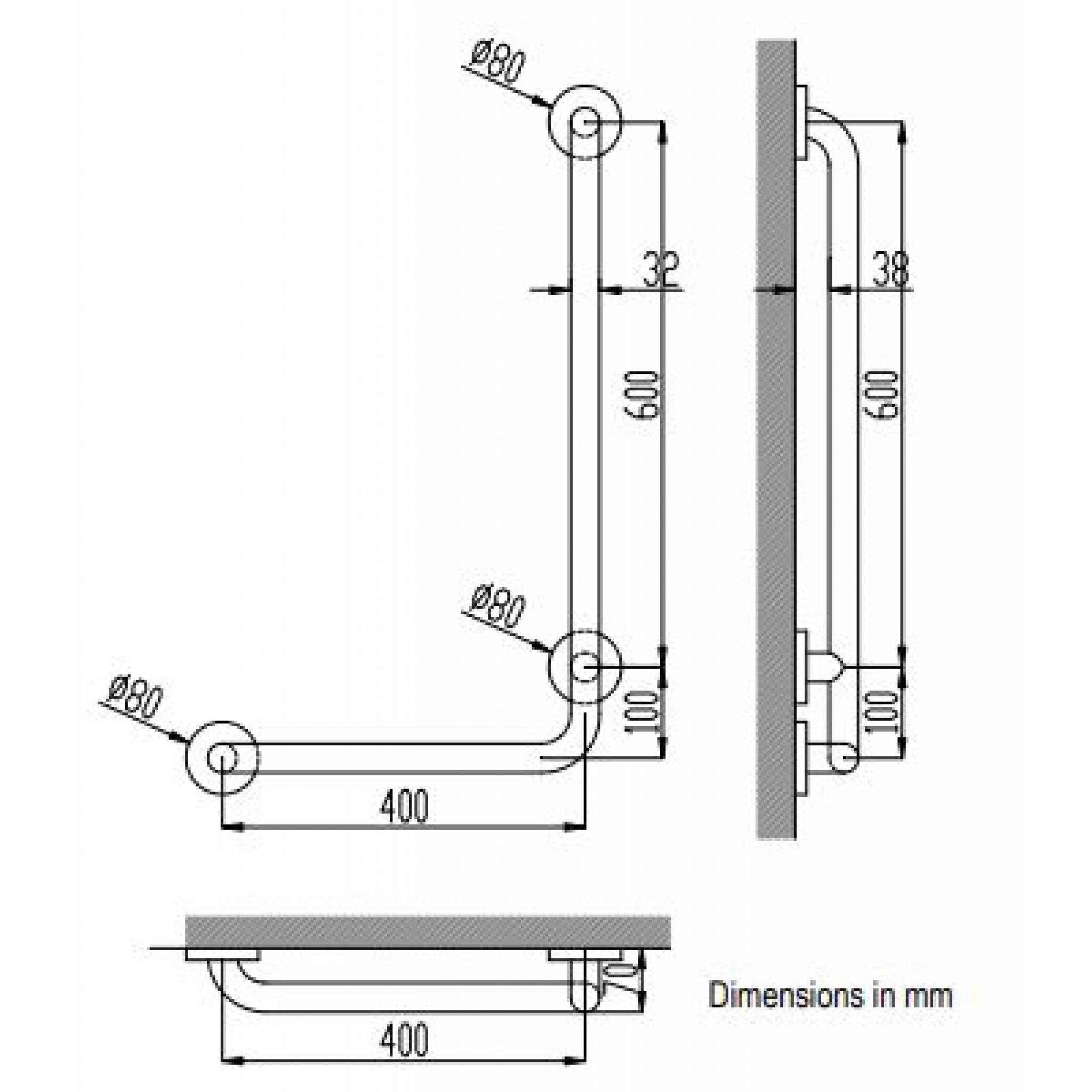 Angled grab rail right side in polished stainless steel 400x700mm